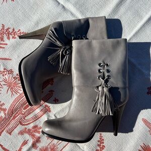 Coach Legra Gray Leather Heeled Boots with Tassels Sz 7